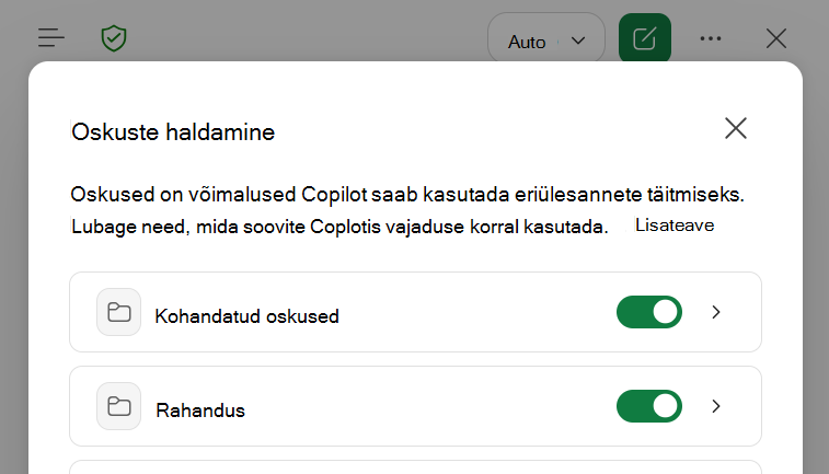 Screenshot of the Copilot Excelis Manage skills dialog.
