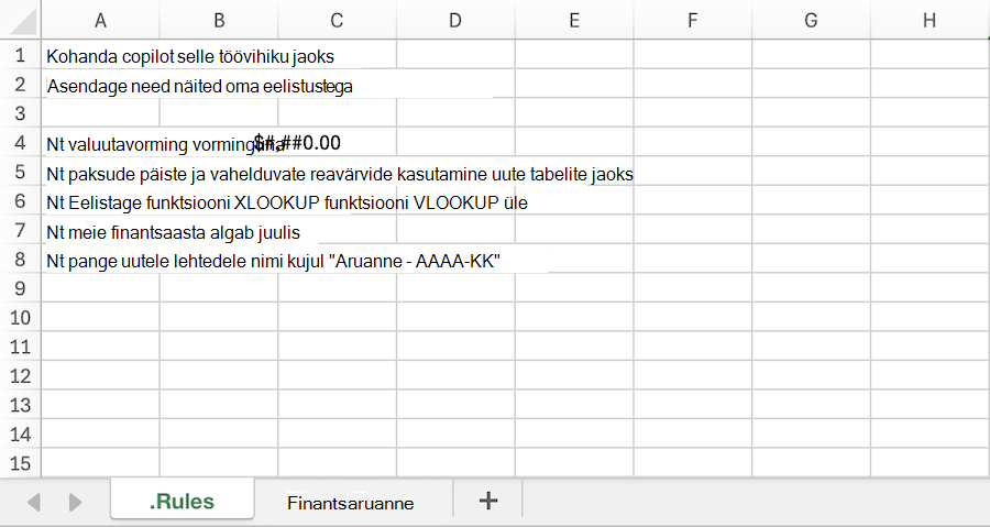 Screenshot of a Copilot Excelis workbook with a sample . Reeglite tööleht.