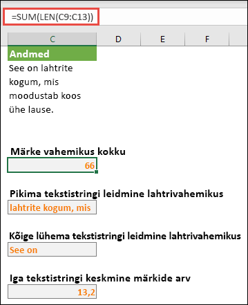 Märkide koguarvu loendamine vahemikus ja muud massiivid tekstistringidega töötamiseks