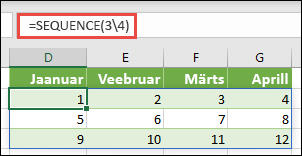 Kolme rea ja nelja veeru massiivikonstandi loomine valemiga =SEQUENCE(3,4)