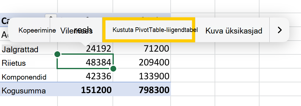 Käsk Kustuta PivotTable-liigendtabel iPadi kontekstimenüüst.