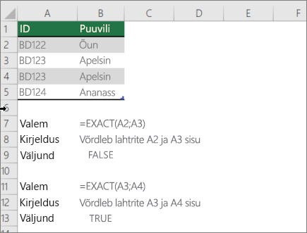 Näide funktsiooni EXACT abil ühe lahtri võrdlemiseks teise lahtriga