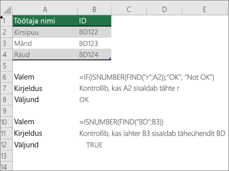 Näide funktsioonide IF, ISNUMBER ja FIND abil, et kontrollida, kas osa lahtrist vastab konkreetsele tekstile