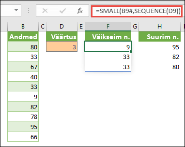Exceli massiivivalem N. väikseima väärtuse leidmiseks: =SMALL(B9#,SEQUENCE(D9))