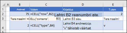 Funktsiooni CELL näited