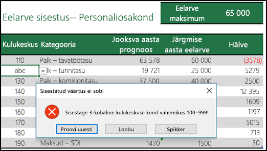 Example of an invalid input message
