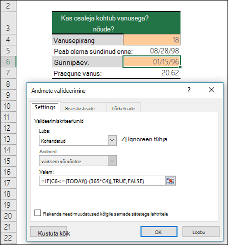 Andmete valideerimise näide, mis piirab kirje miinimumvanuseni