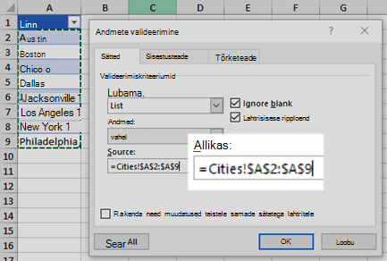 Andmete valideerimise loendi suvandid