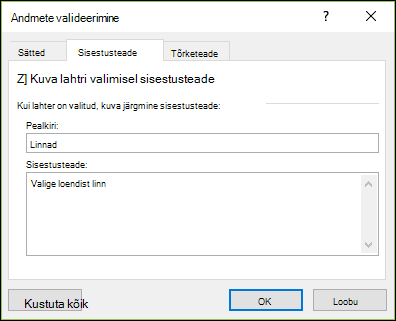 Andmete valideerimise sisestusteatesuvand