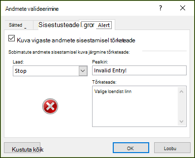 Andmete valideerimise ripploendi tõrketeate suvandid