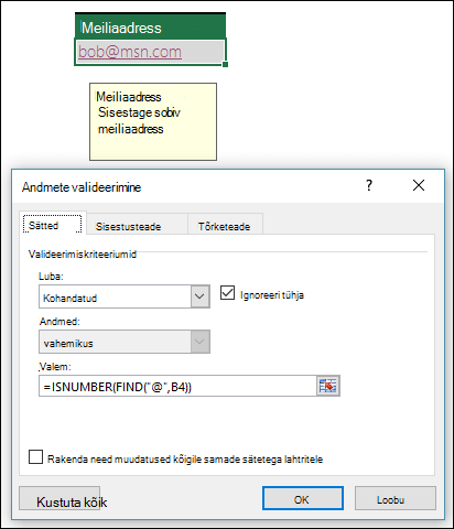 )Andmete valideerimise näide, mis tagab, et meiliaadress sisaldab sümbolit @