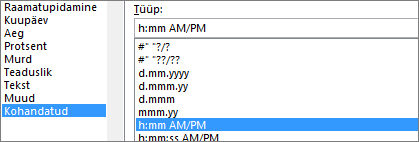 Format cells dialog box, Custom command, h:mm AM/PM type