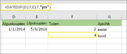 =DATEDIF(D17;E17;ym) ja tulemus: 4
