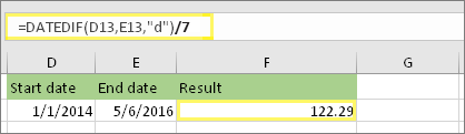 =(DATEDIF(D13;E13;d)/7) ja tulem: 122,29
