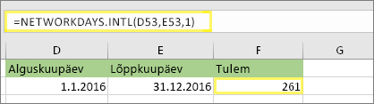 =NETWORKDAYS. INTL(D53;E53;1) ja tulem: 261