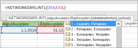 Intellisense'i loend, kus on kuvatud 2 – pühapäev, esmaspäev; 3 – esmaspäev, teisipäev jne