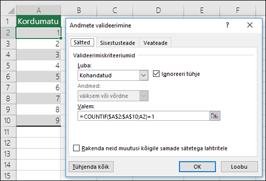 4. näide: valemid andmete valideerimisel