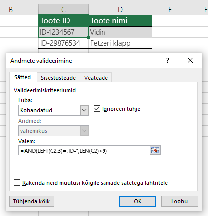 6. näide: valemid andmete valideerimisel