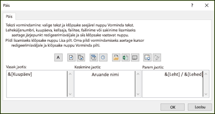 Lehekülje häälestuse kohandatud päise dialoog