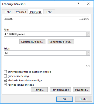 Lehekülje häälestus > Päise- ja jalusesuvandid