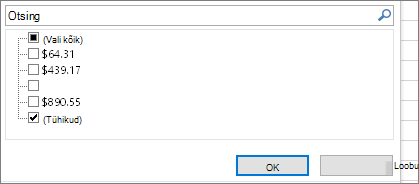 Filter menu with the Select all checkbox unselected, (Blanks) checkbox selected