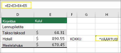 Lahter H4 valemiga =E2+E3+E4+E5 ja tulemiga #VALUE!