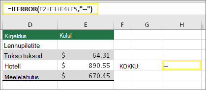 Lahter H4 koos =IFERROR(E2+E3+E4+E5,--)