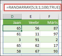 Funktsioon RANDARRAY koos argumentidega Min, Max & Täisarv