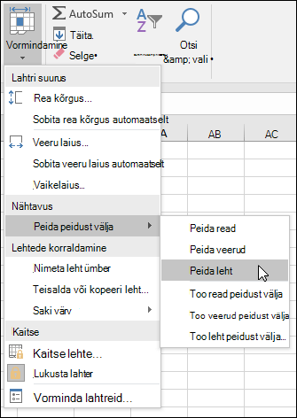 Töölehtede peitmine või peidust välja toomine avalehelt. > Lahtrid > VIsibility vormindamine >> Peida & Too peidust välja