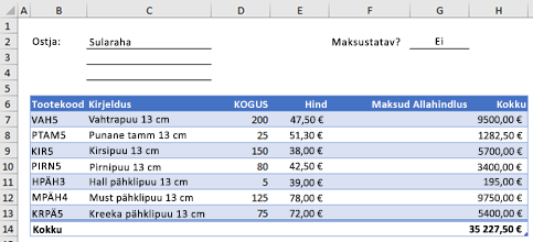 Example order form without a custom function