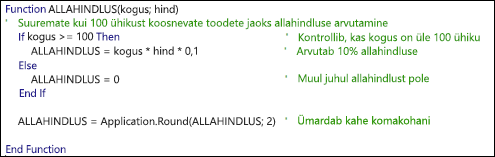 Näide funktsioonist VBA koos kommentaaridega