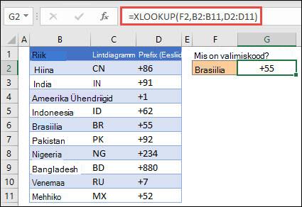 Näide funktsioonist XLOOKUP, mida kasutatakse töötaja ID-l põhineva töötaja nime ja osakonna tagastamiseks. Valem on =XLOOKUP(B2;B5:B14;C5:C14)