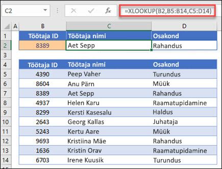 Näide funktsioonist XLOOKUP, mida kasutatakse töötaja ID-l põhineva töötaja nime ja osakonna tagastamiseks. Valem on: =XLOOKUP(B2;B5:B14;C5:D14;0;1)