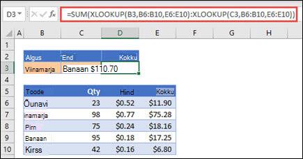Funktsiooni XLOOKUP kasutamine funktsiooniga SUM kahe valiku vahele jäävate väärtuste vahemiku liitmiseks