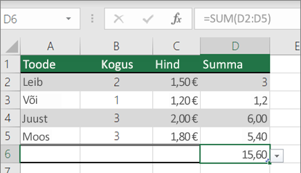 Näide funktsioonist SUM nimega vahemikuga