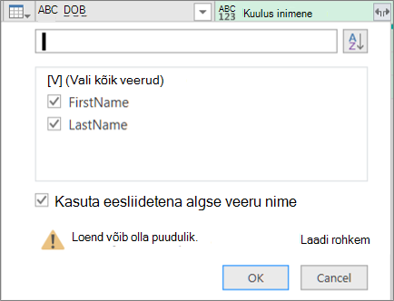 Liigendatud kirjeveeru nupu Laienda klõpsamine