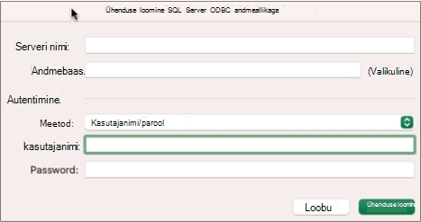 Dialoogiboks SQL Server serveri, andmebaasi ja identimisteabe sisestamiseks