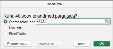 Andmete otsimiseks kasutatav dialoogiboks Andmete importimine