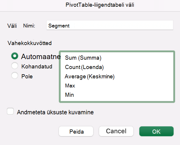 PivotTable-liigendtabeli välja lisamine
