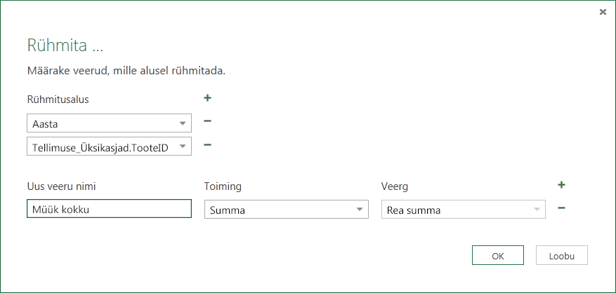 Rühmitusaluse dialoogiboks liitväärtustega seotud toimingute jaoks