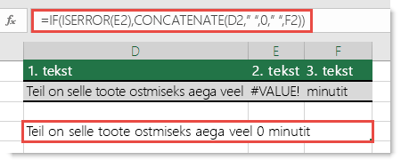 Funktsioonid IF ja ISERROR lahendusena viga #VALUE! sisaldava stringi ühendamiseks