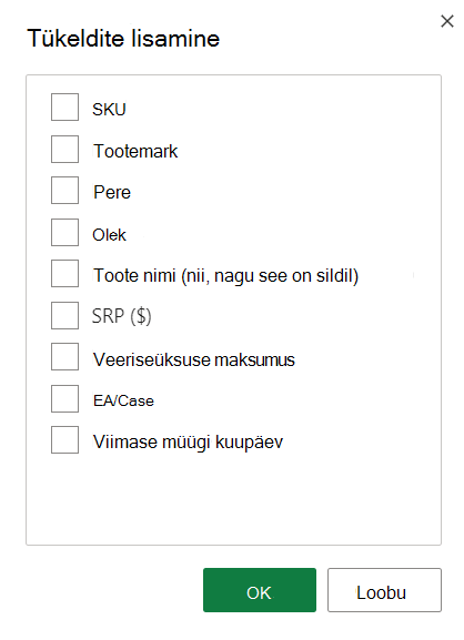 Tükeldi lisamise suvandite kuvatõmmis.