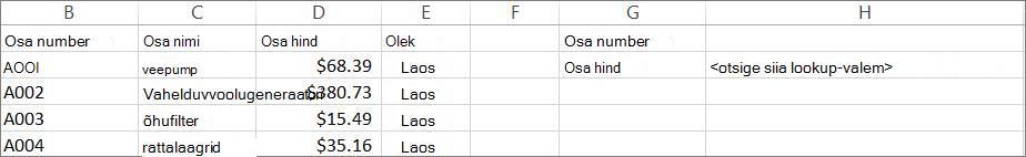 Näide sellest, kuidas saaksite kasutada funktsiooni LOOKUP