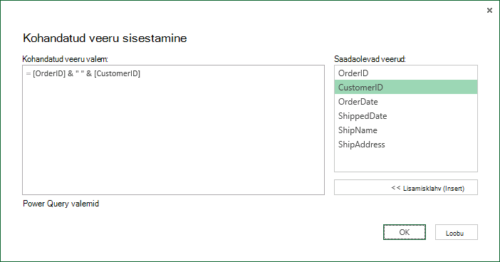 Kohandatud veeru valemi määramine veeruväärtuste ühendamiseks