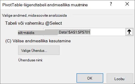 Kuvatõmmis, millel on kujutatud dialoogiboks PivotTable-liigendtabeli andmeallika muutmine.