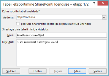 SharePointi eksportimise viisardi dialoogiboks
