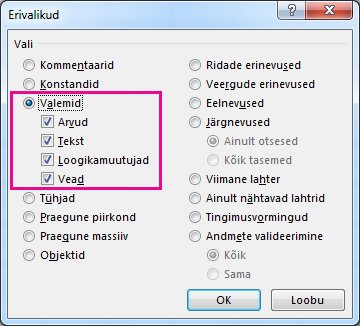 Valemite otsimise suvandid dialoogiboksis Minek – Erivalikud