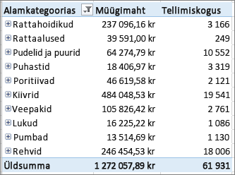 PivotTable-liigendtabel üksustega, kuhu te süvitsi läksite