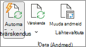 Lindi menüü PivotTable-liigendtabeli analüüs jaotis Andmed. Jaotis Andmed sisaldab nuppe Automaatvärskendus, Värskenda ja Muuda andmeallikat.