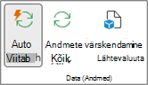 Lindi menüü PivotTable-liigendtabeli analüüs jaotis Andmed. Jaotis Andmed sisaldab nuppe Automaatvärskendus, Värskenda ja Muuda andmeallikat.